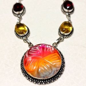 Bi-tourmeline citrine garnet silver necklace carved handmade red yellow white